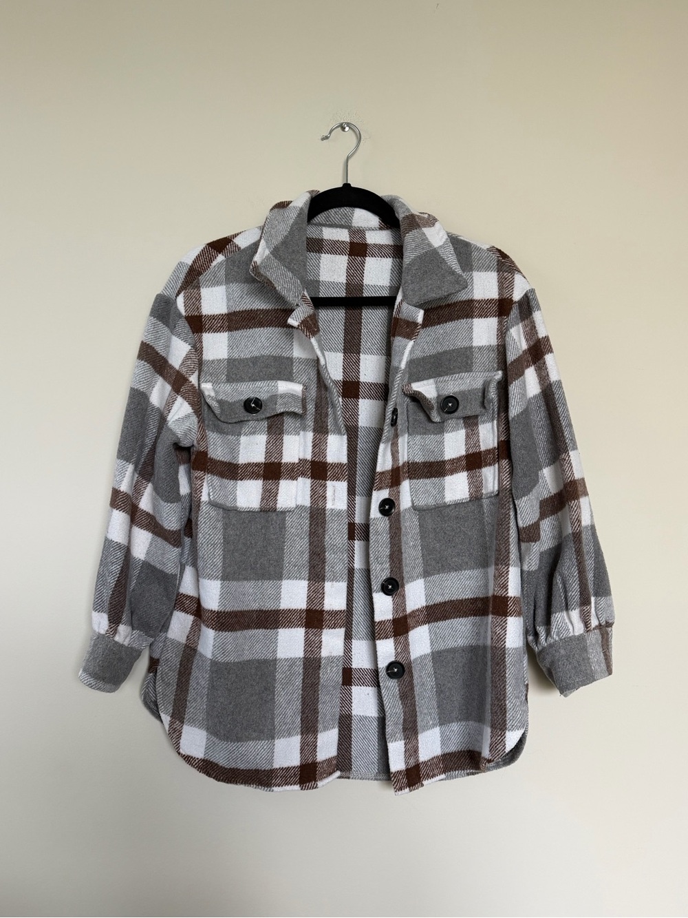 Women’s Plaid Button-Up Shacket Jacket - Gray & Brown